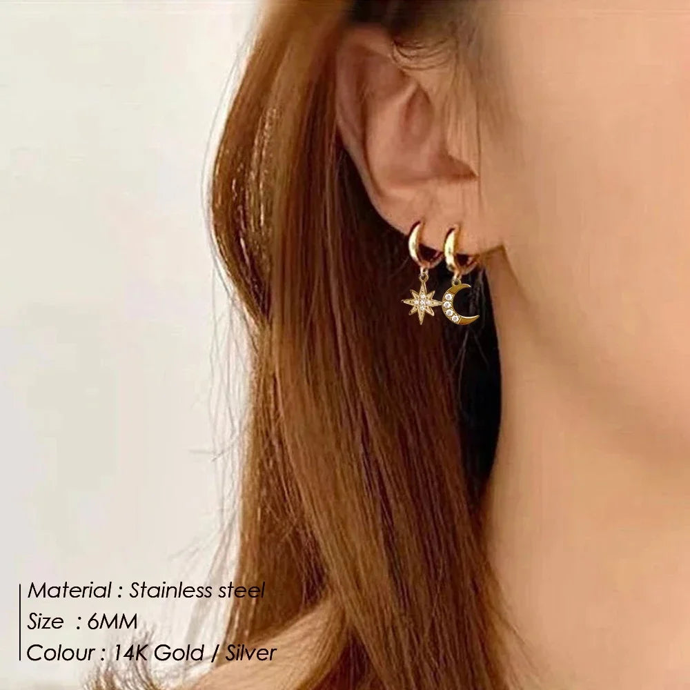 Star and Moon Pendant Drop Earrings