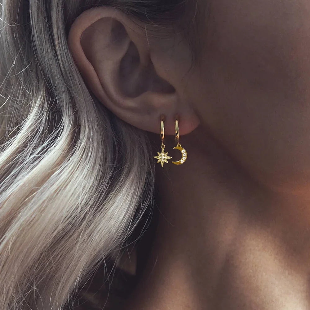 Star and Moon Pendant Drop Earrings