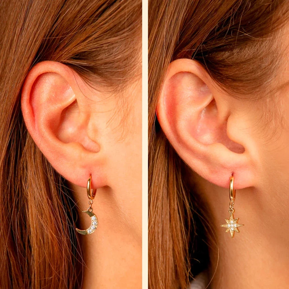 Star and Moon Pendant Drop Earrings