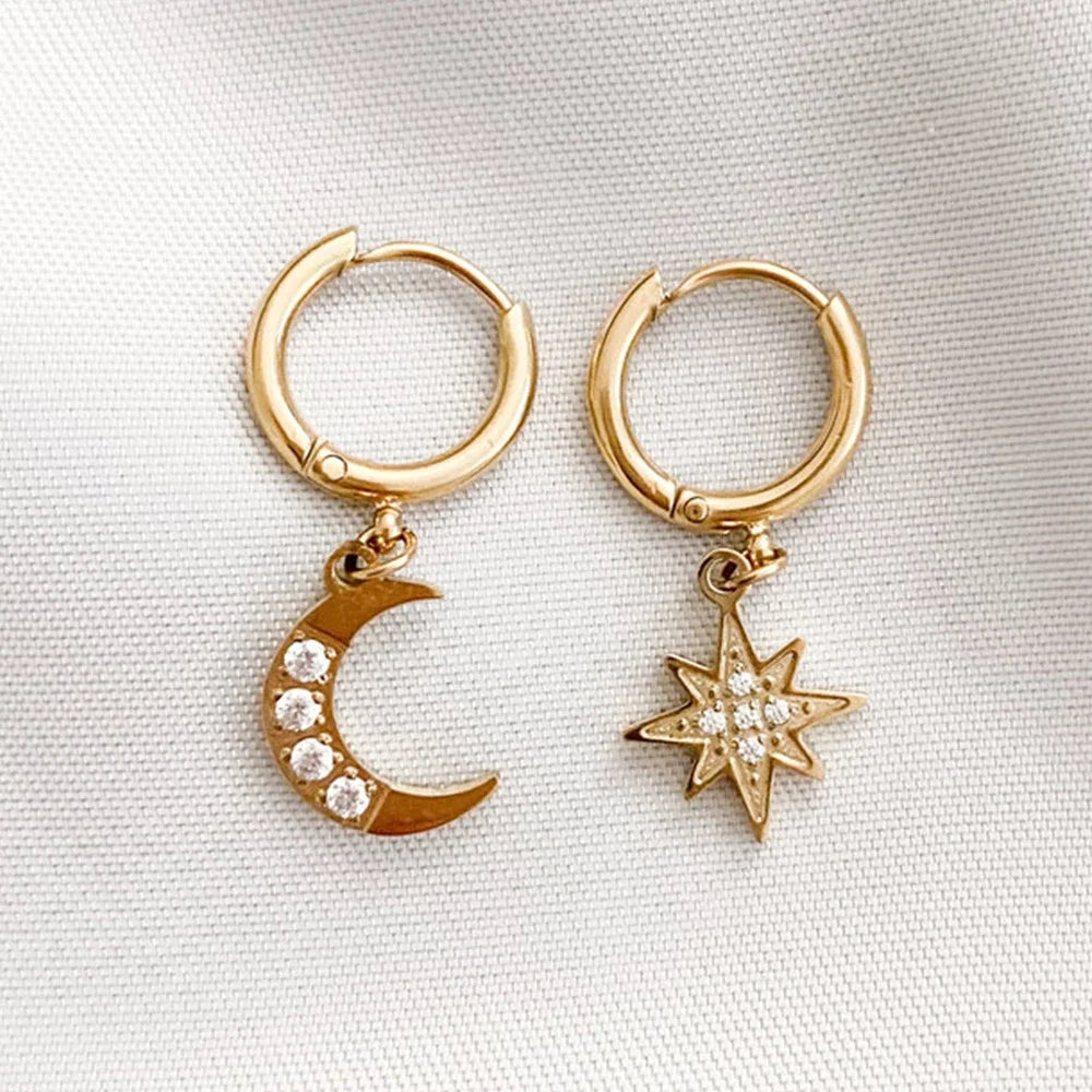 Star and Moon Pendant Drop Earrings