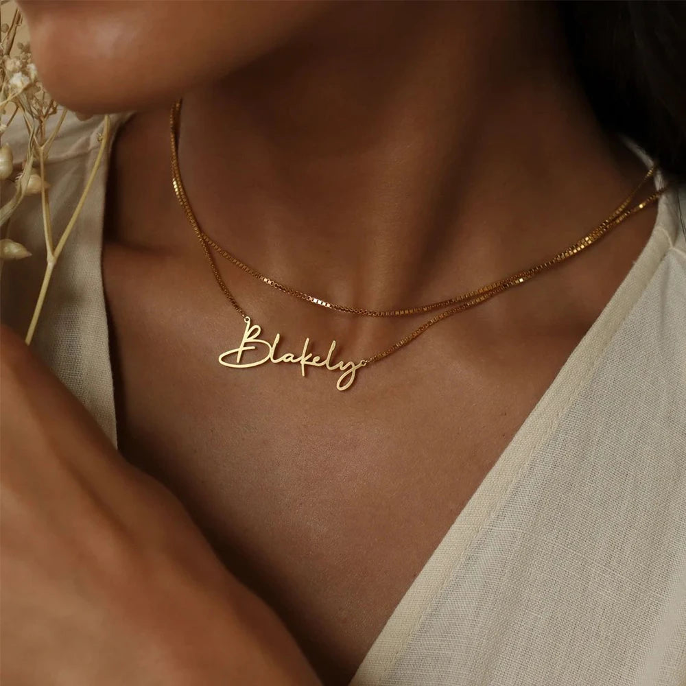 Customized Name Stainless Steel Necklace for Women Personalized Letter Gold Plated Choker Necklace Pendant Nameplate Gift