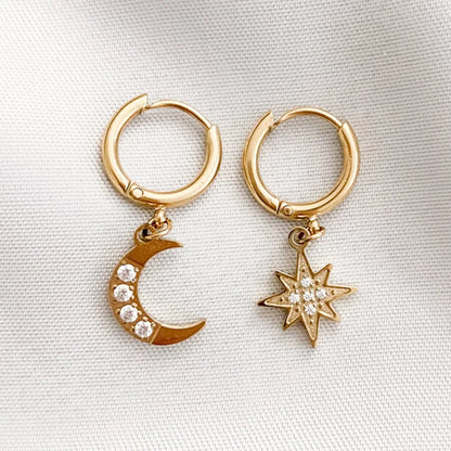 Star and Moon Pendant Drop Earrings