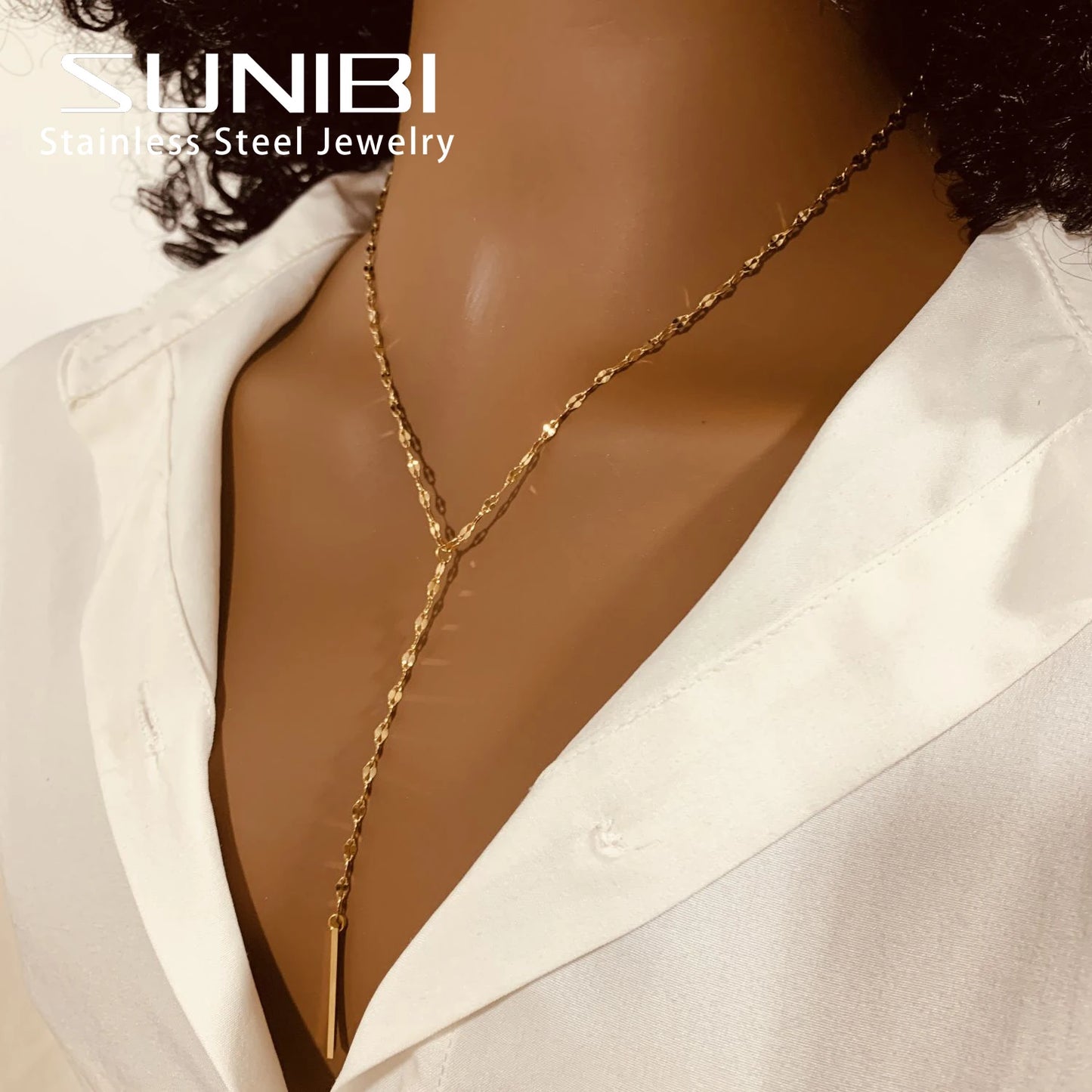 Stainless Steel Pendant Necklace for Women Simple Long Lariat Chain Vertical Minimalist Bar Dangle Necklaces Jewelry