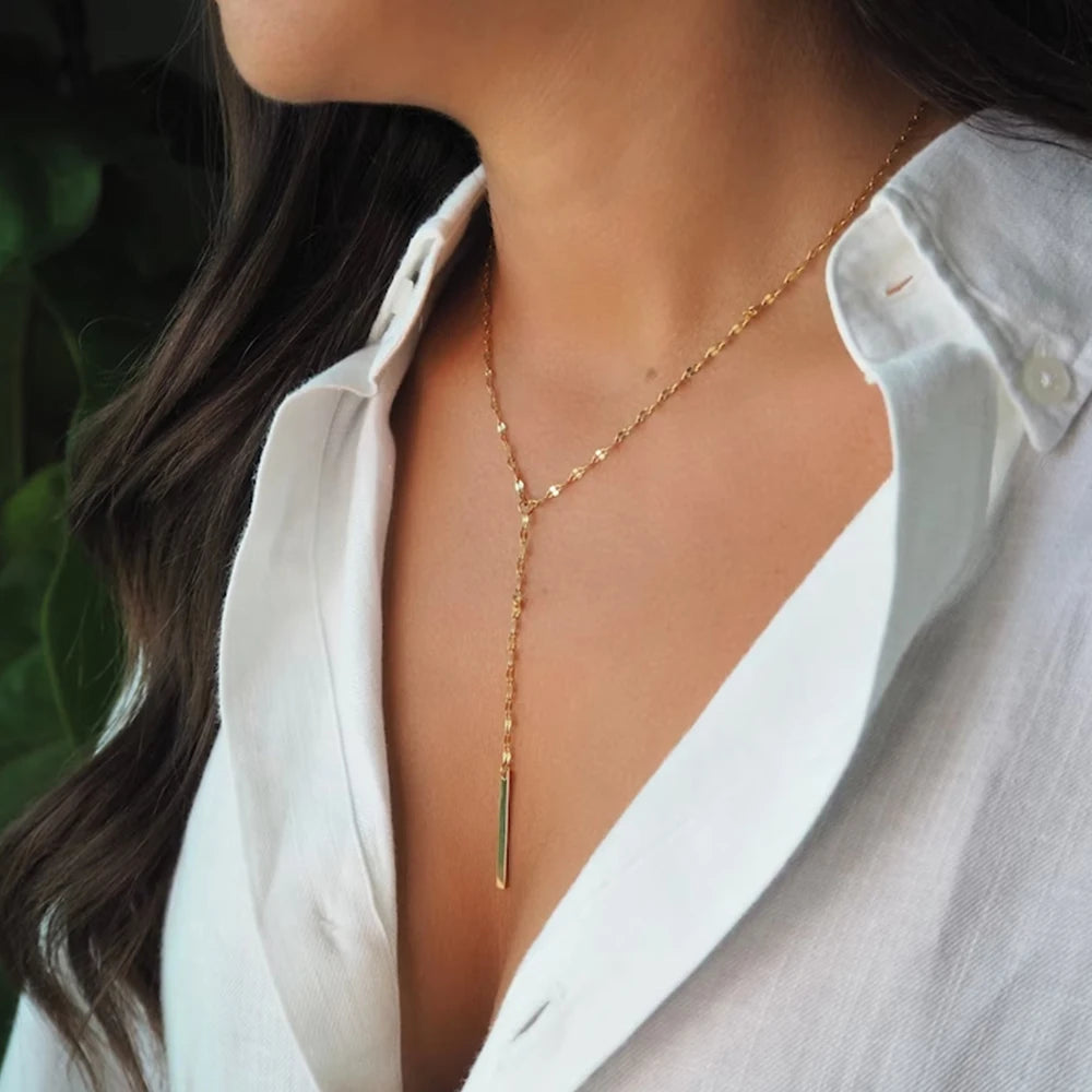 Stainless Steel Pendant Necklace for Women Simple Long Lariat Chain Vertical Minimalist Bar Dangle Necklaces Jewelry