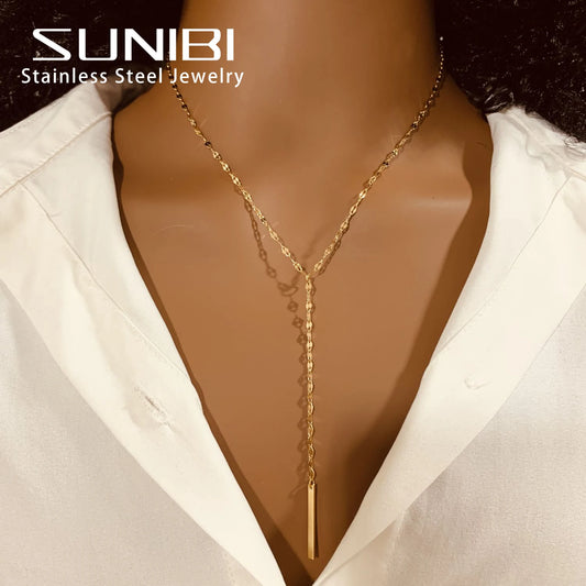 Stainless Steel Pendant Necklace for Women Simple Long Lariat Chain Vertical Minimalist Bar Dangle Necklaces Jewelry