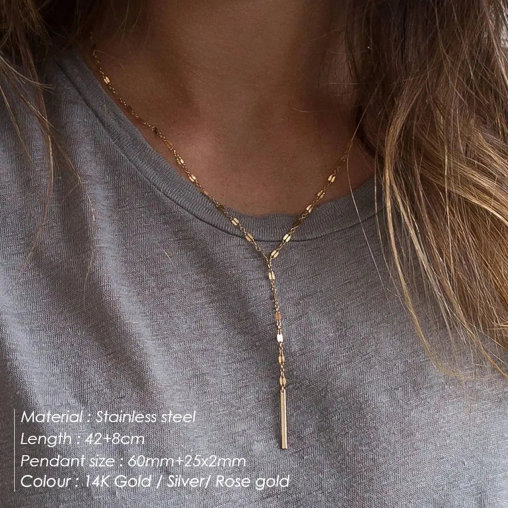 Stainless Steel Pendant Necklace for Women Simple Long Lariat Chain Vertical Minimalist Bar Dangle Necklaces Jewelry