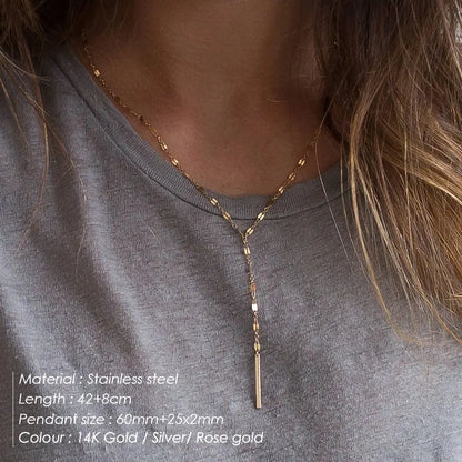 Stainless Steel Pendant Necklace for Women Simple Long Lariat Chain Vertical Minimalist Bar Dangle Necklaces Jewelry