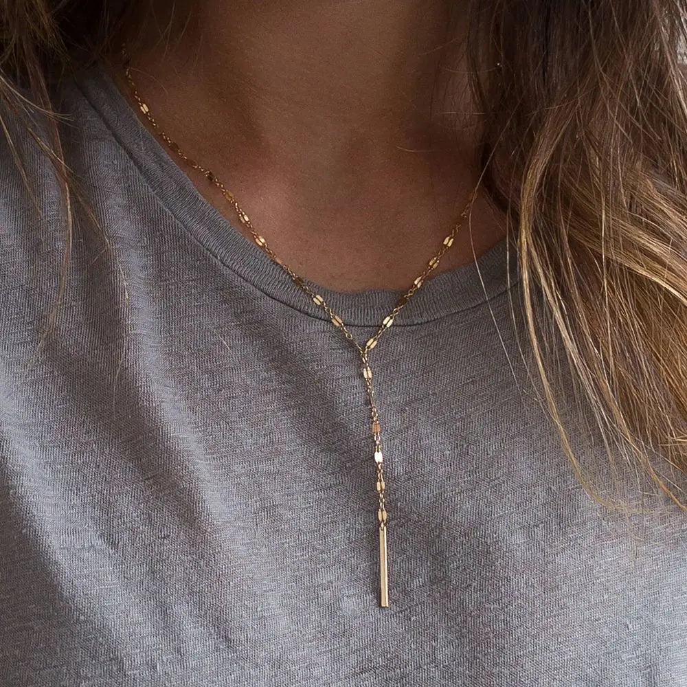 Stainless Steel Pendant Necklace for Women Simple Long Lariat Chain Vertical Minimalist Bar Dangle Necklaces Jewelry